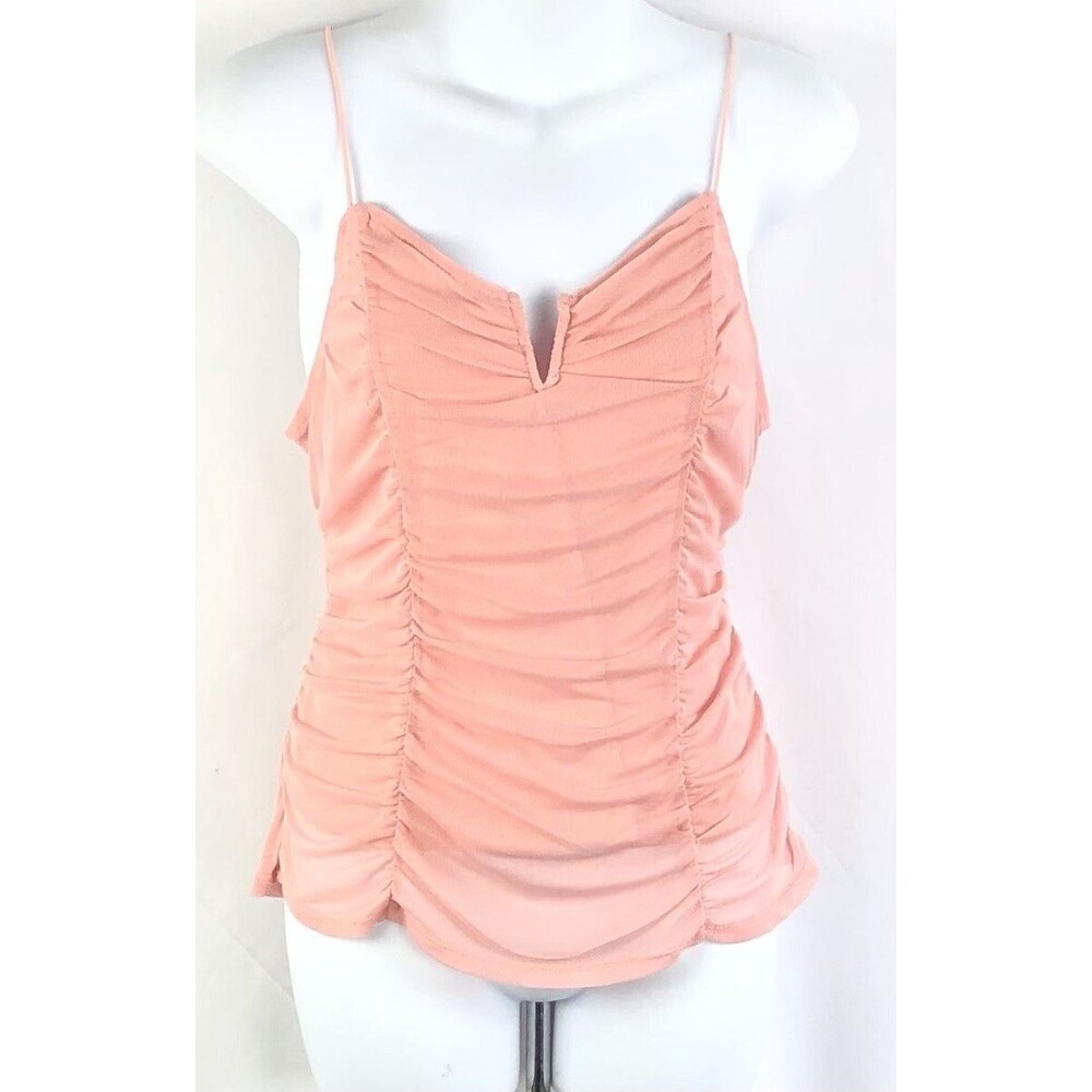 Sleeveless Mesh camisole tank Top L jrs peach cutout V-Neck ruched mesh Y2K 90s